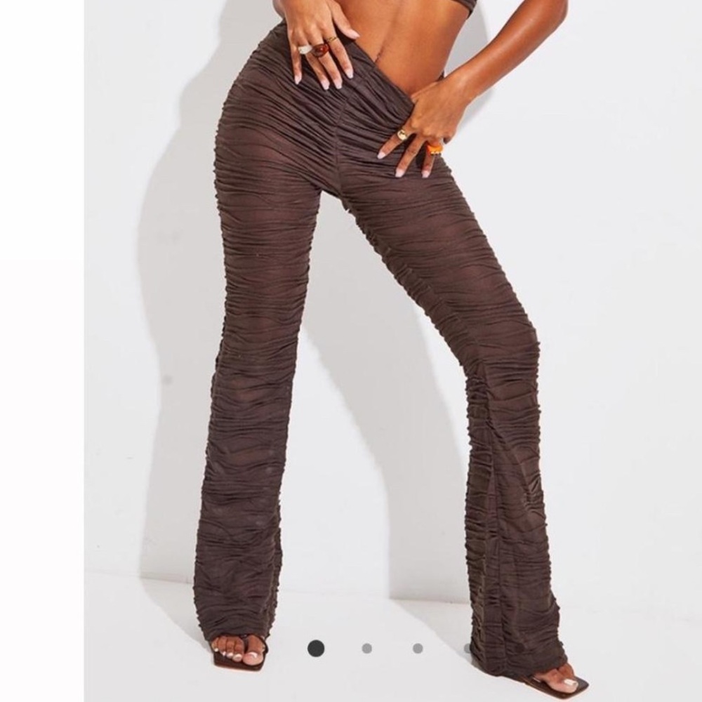 PrettyLittleThing Brown Textured High Waisted Flare Pants